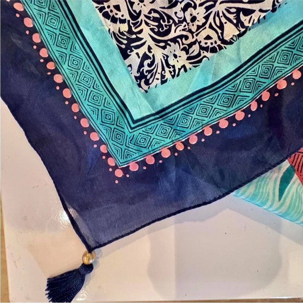 Lucky Brand 100% Silk Mandala Anthro Boho Retro Indie Hippie Scarf Wrap Tassels